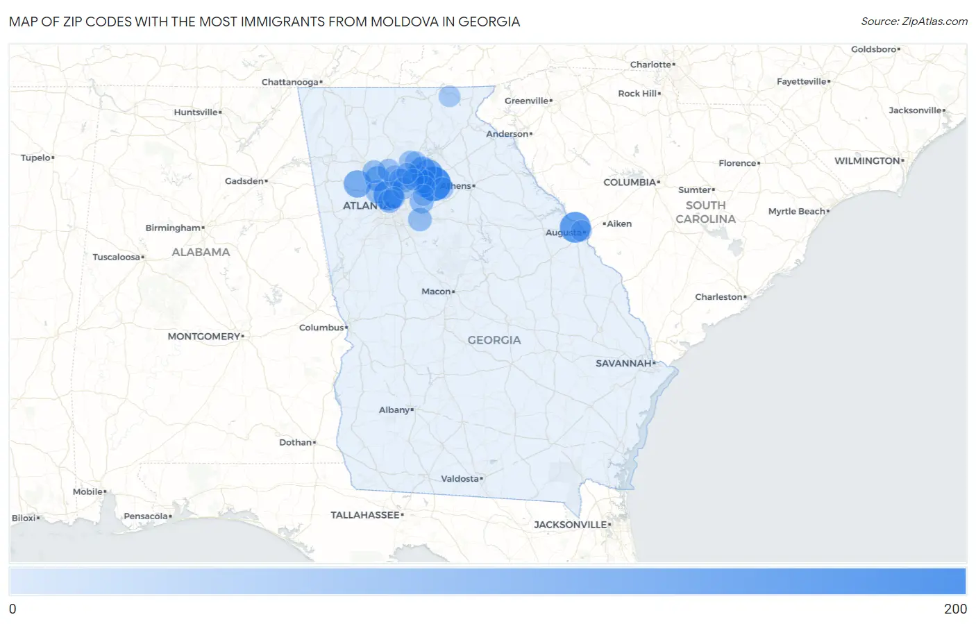 Zip Codes with the Most Immigrants from Moldova in Georgia Map