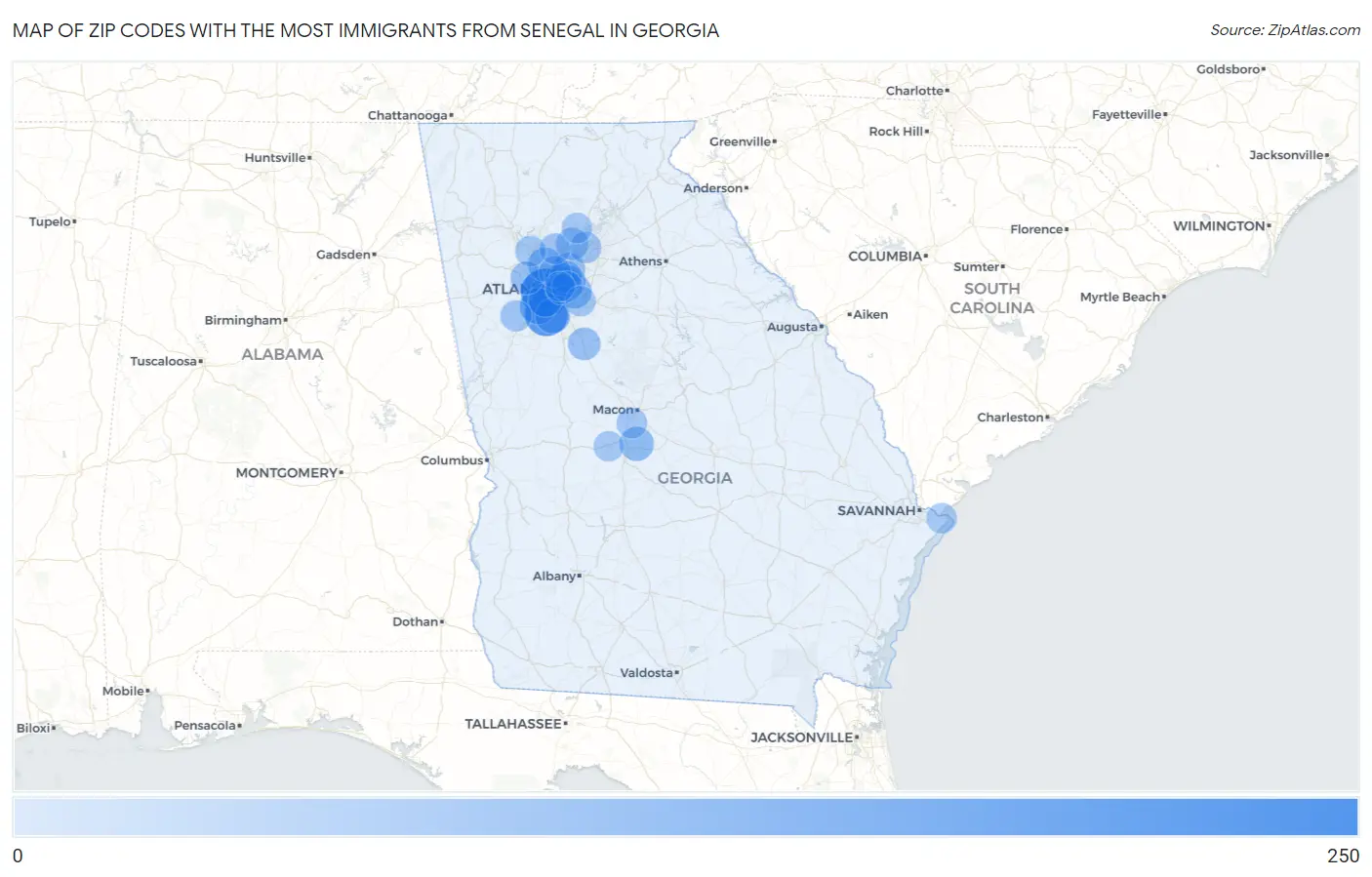 Zip Codes with the Most Immigrants from Senegal in Georgia Map
