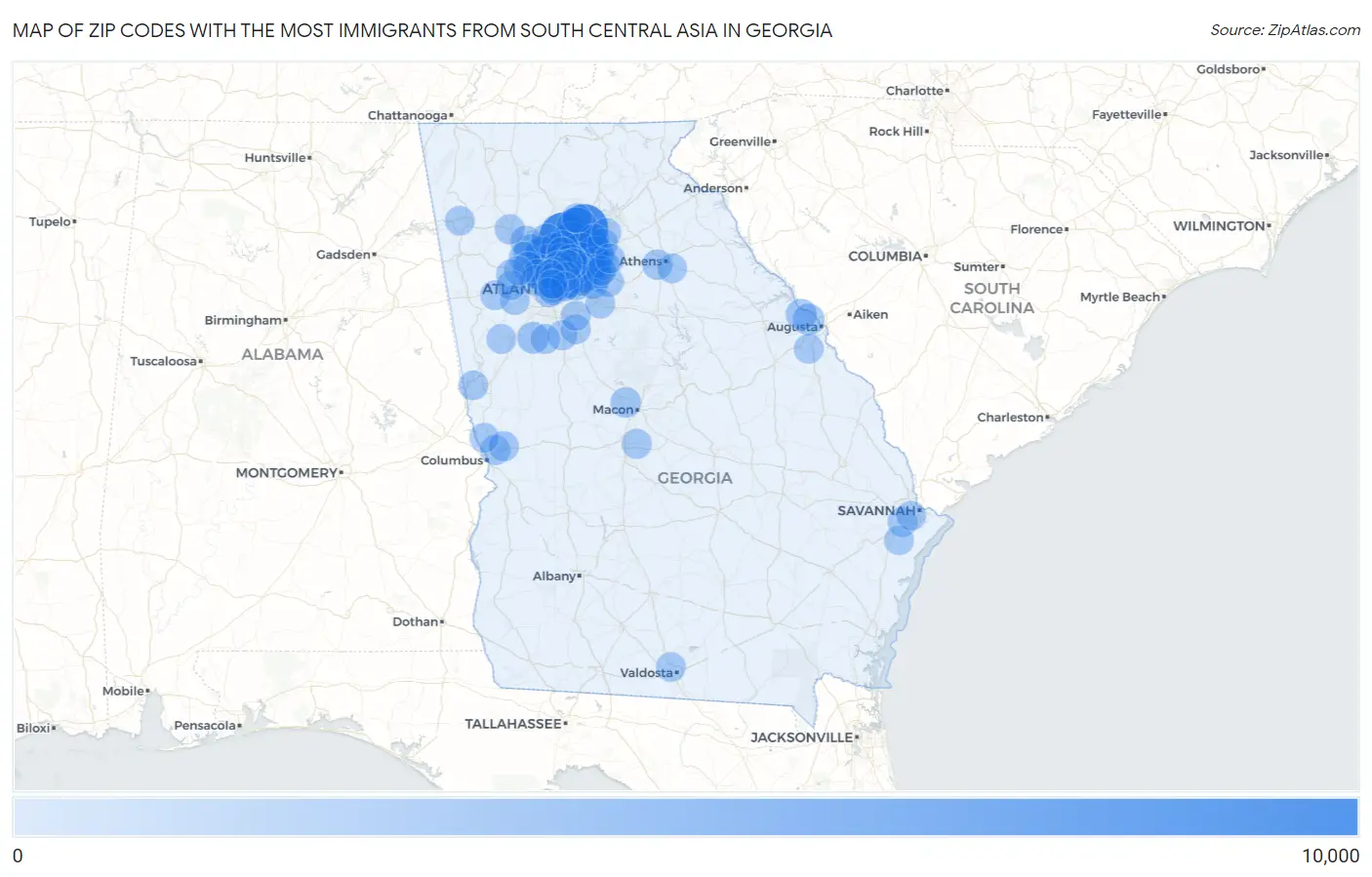 Zip Codes with the Most Immigrants from South Central Asia in Georgia Map