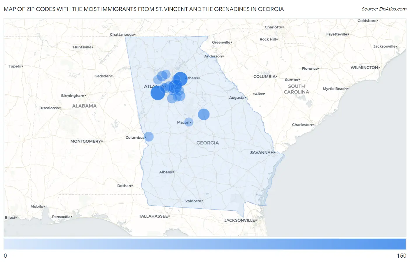 Zip Codes with the Most Immigrants from St. Vincent and the Grenadines in Georgia Map
