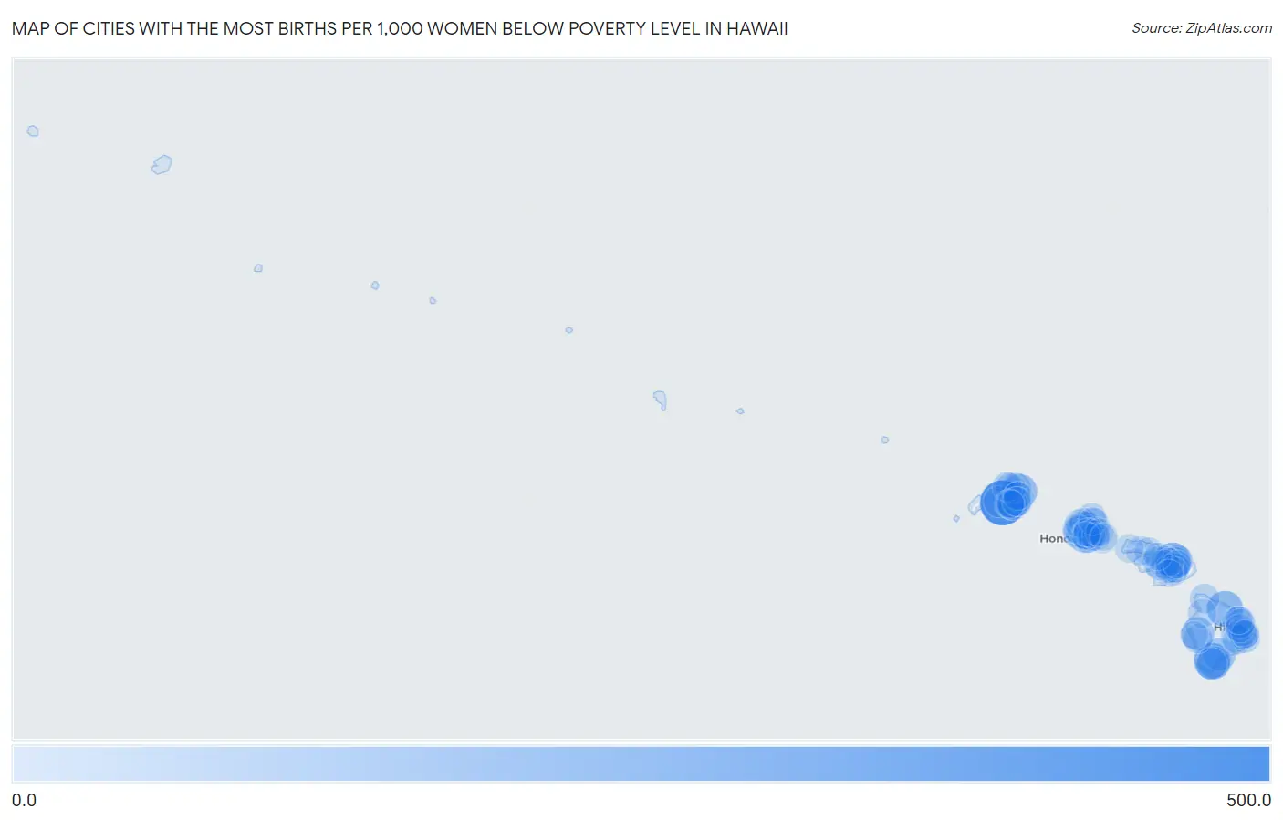 Cities with the Most Births per 1,000 Women Below Poverty Level in Hawaii Map