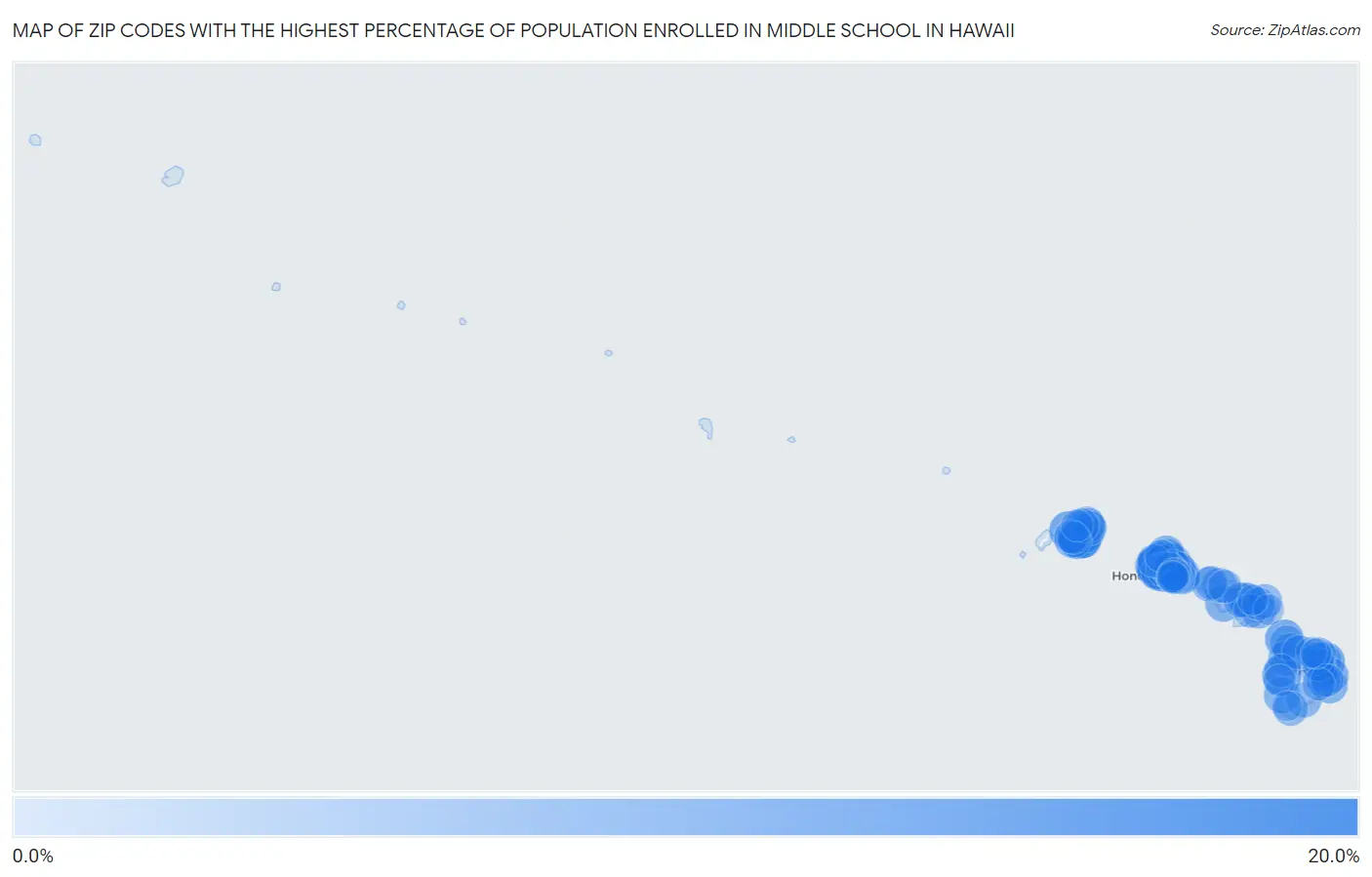 Zip Codes with the Highest Percentage of Population Enrolled in Middle School in Hawaii Map