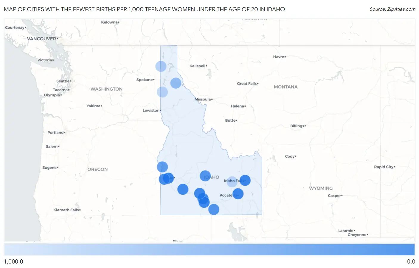Cities with the Fewest Births per 1,000 Teenage Women Under the Age of 20 in Idaho Map
