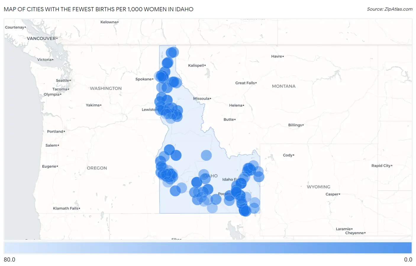 Cities with the Fewest Births per 1,000 Women in Idaho Map