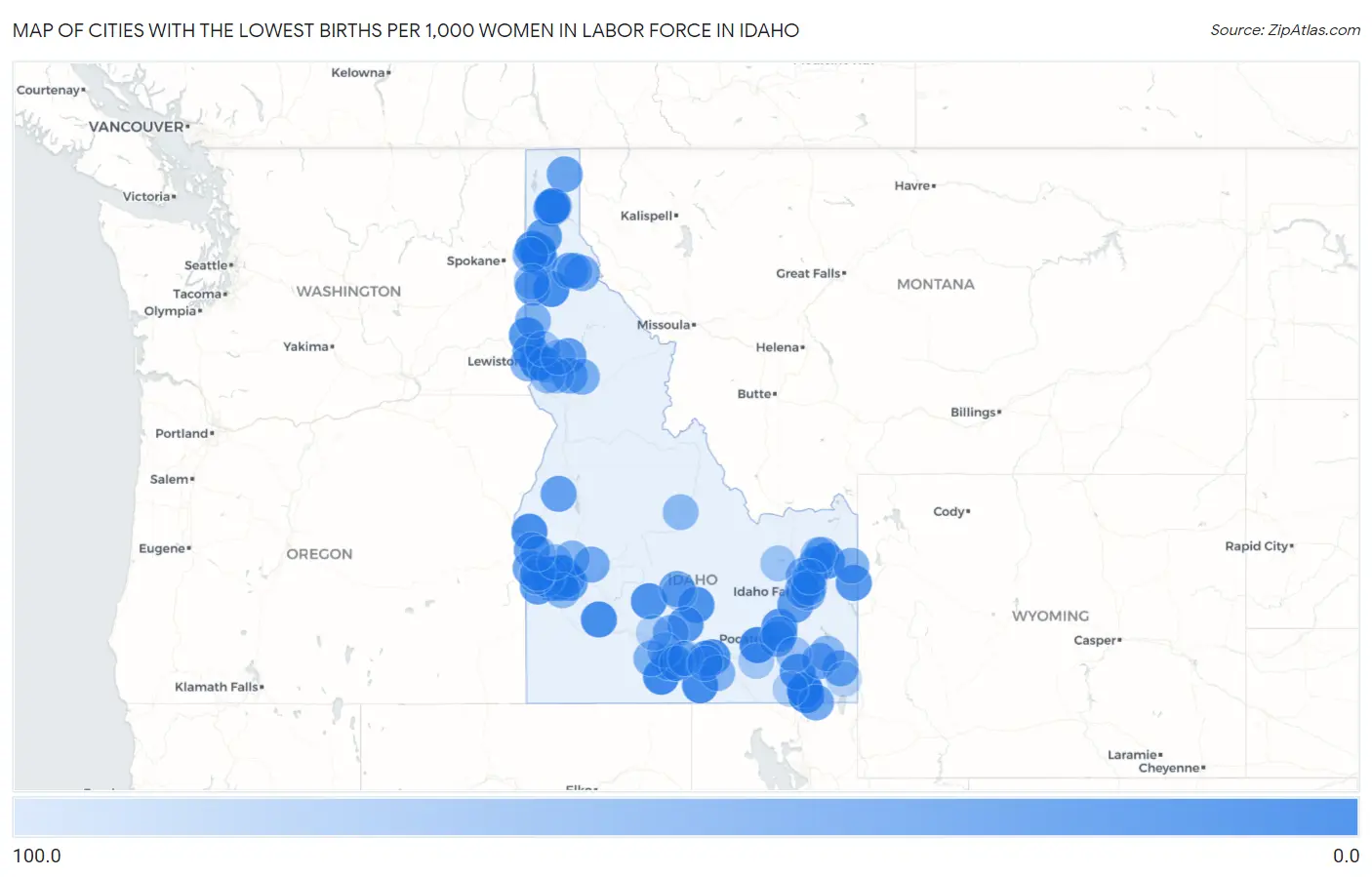 Cities with the Lowest Births per 1,000 Women in Labor Force in Idaho Map