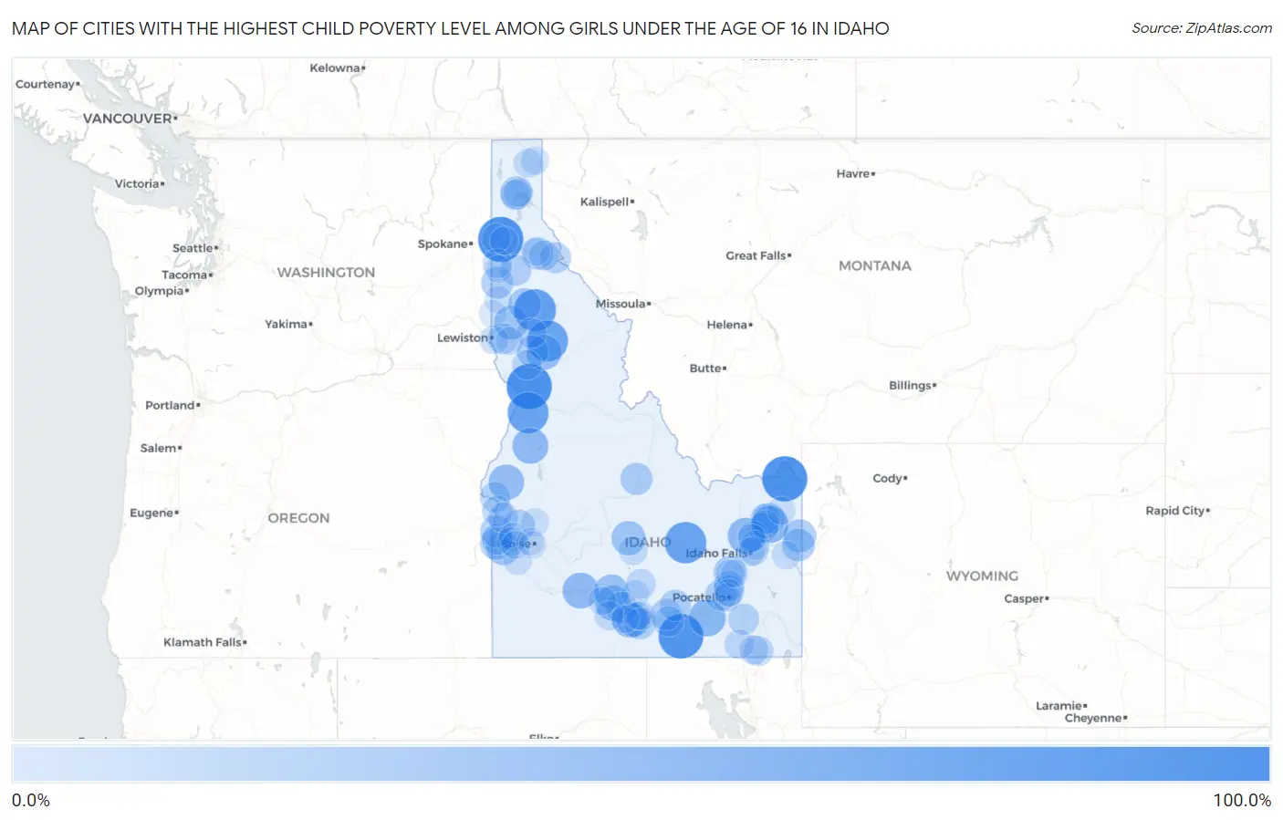 Cities with the Highest Child Poverty Level Among Girls Under the Age of 16 in Idaho Map