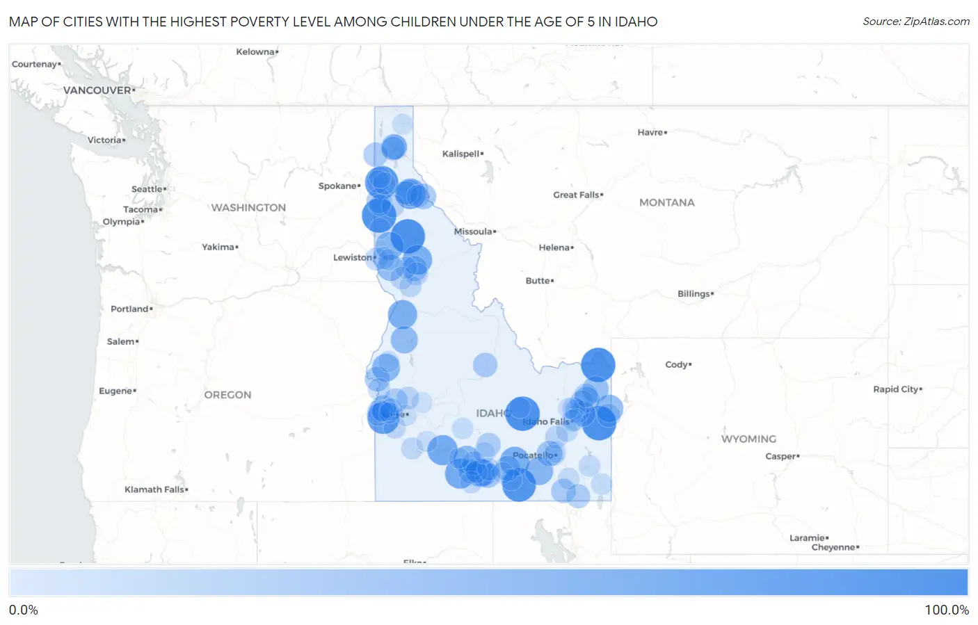 Cities with the Highest Poverty Level Among Children Under the Age of 5 in Idaho Map