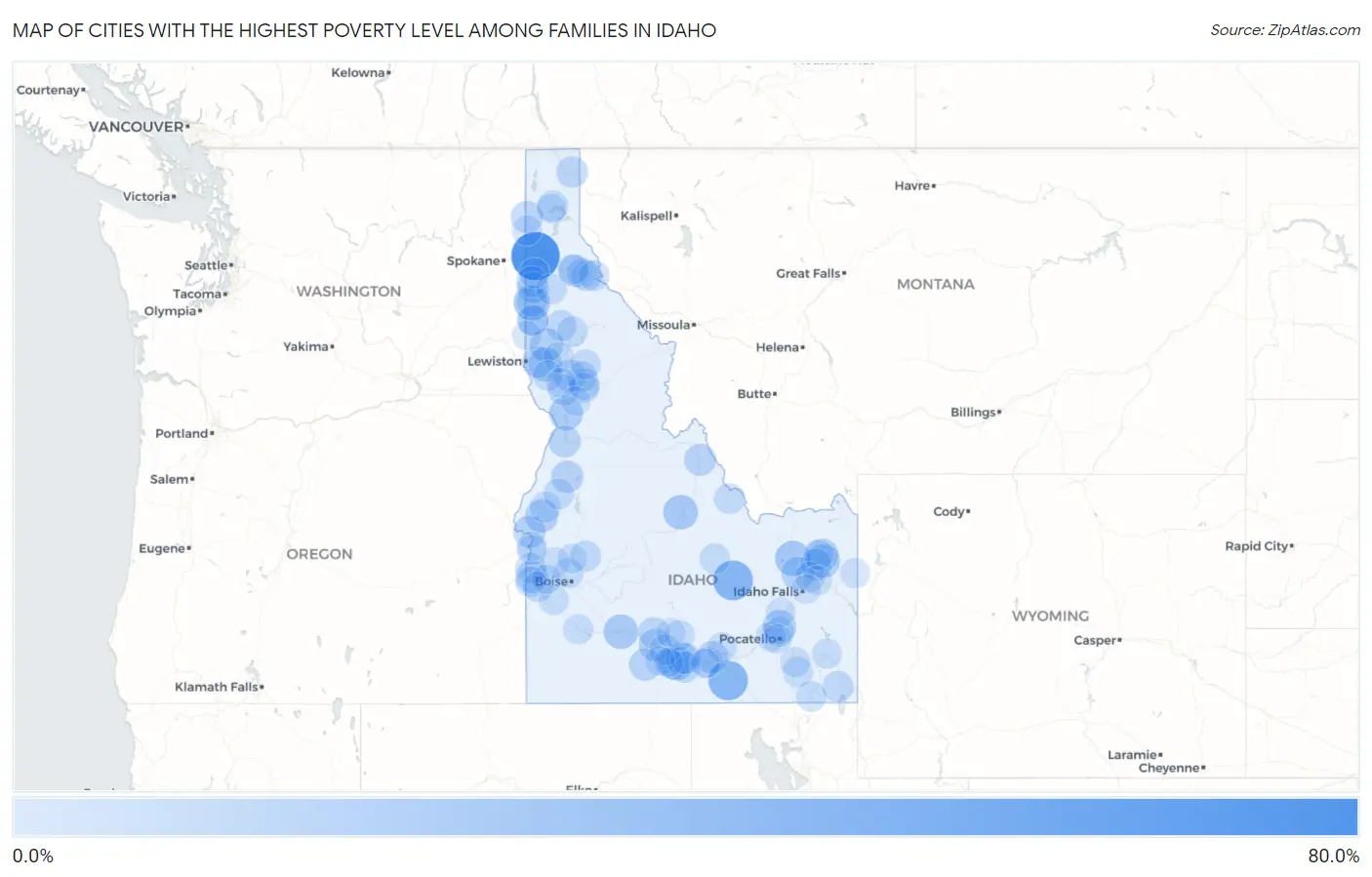 Cities with the Highest Poverty Level Among Families in Idaho Map