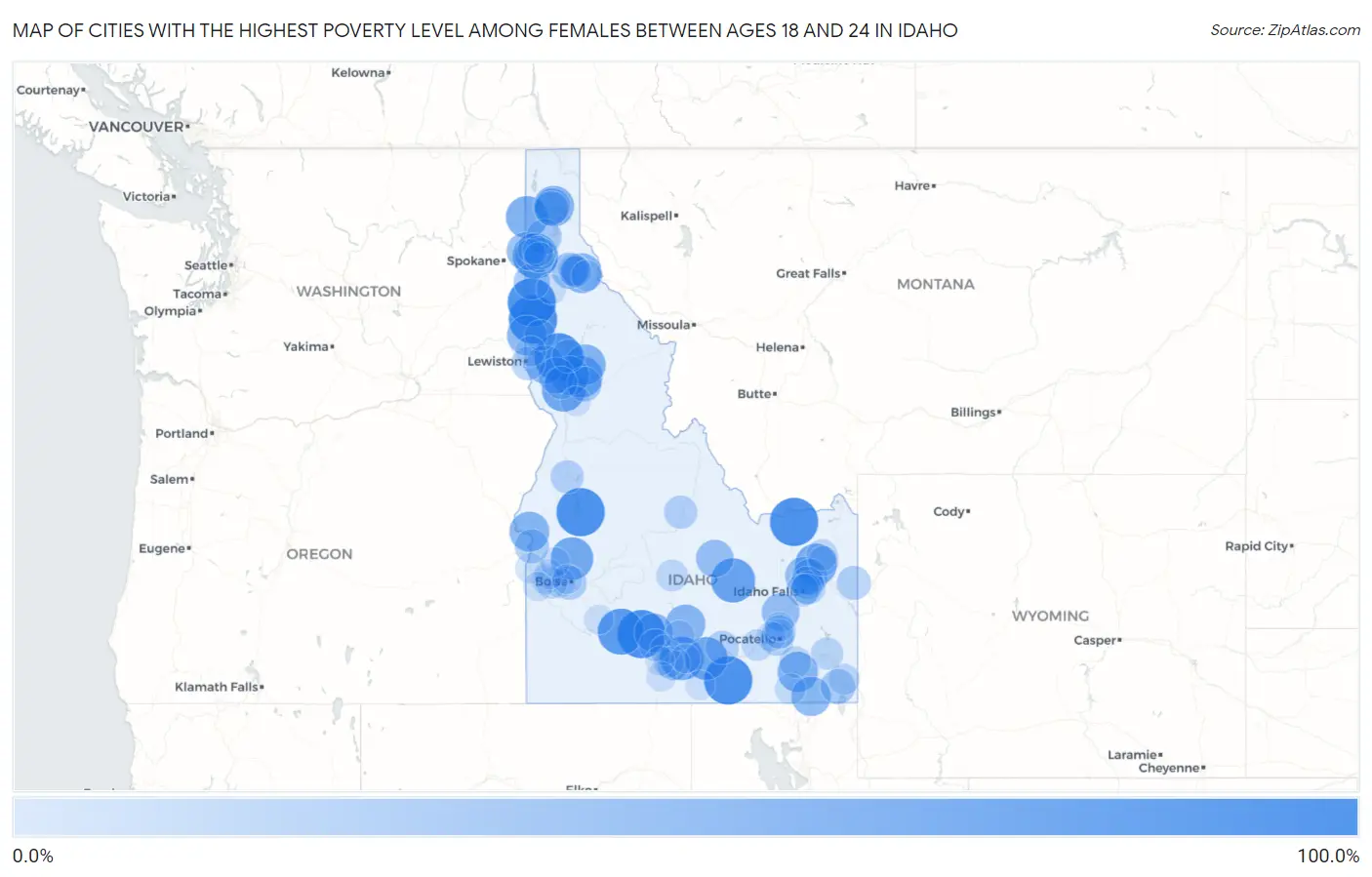 Cities with the Highest Poverty Level Among Females Between Ages 18 and 24 in Idaho Map