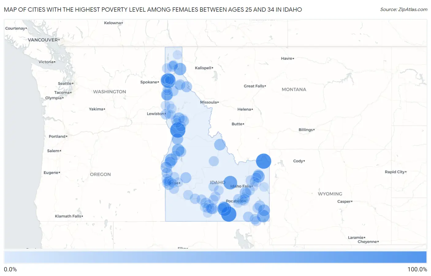 Cities with the Highest Poverty Level Among Females Between Ages 25 and 34 in Idaho Map