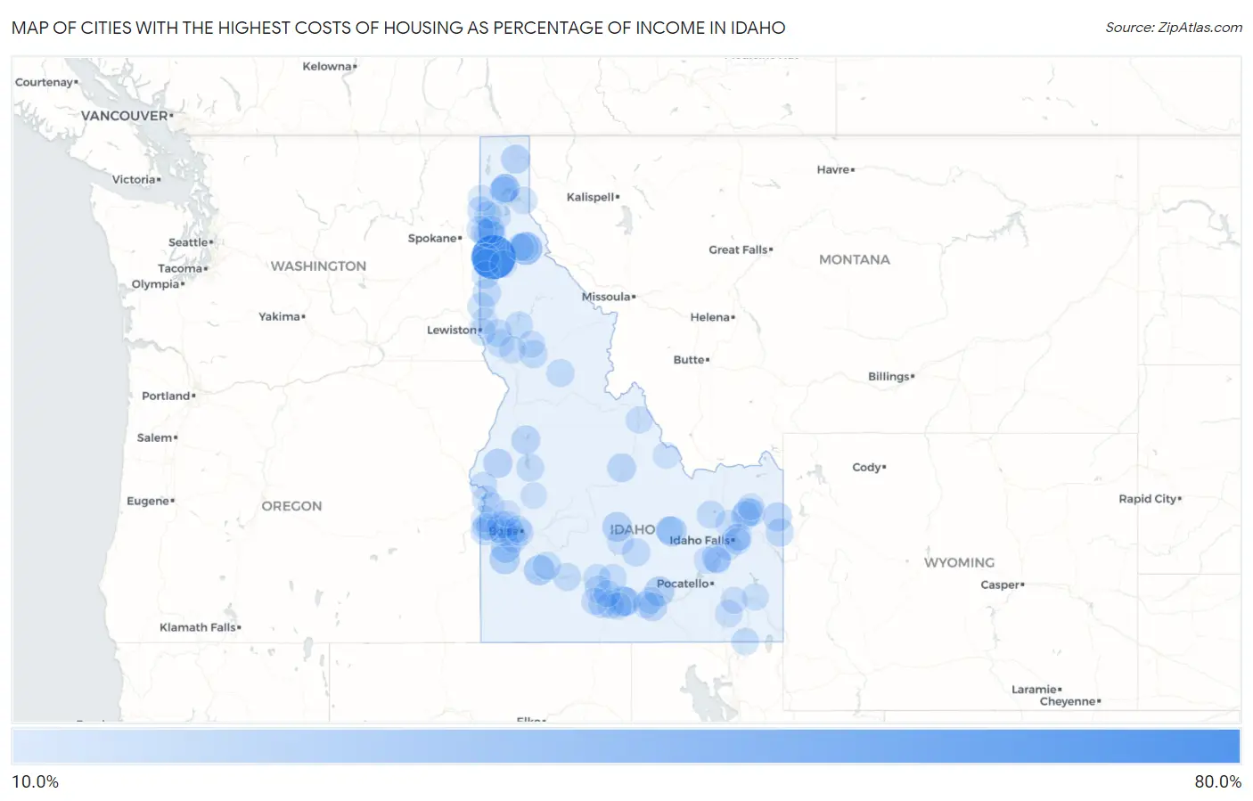 Cities with the Highest Costs of Housing as Percentage of Income in Idaho Map