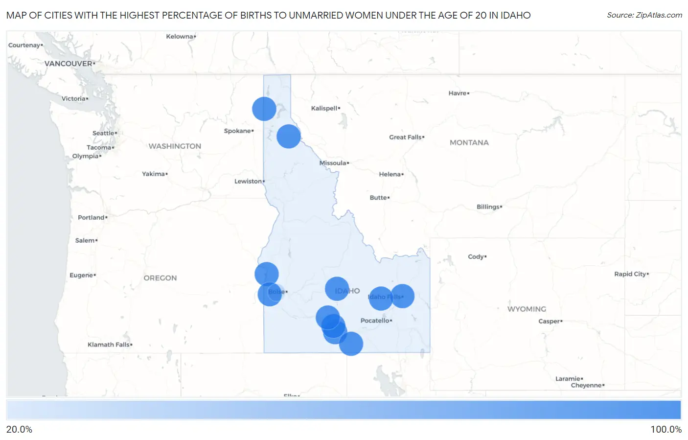 Cities with the Highest Percentage of Births to Unmarried Women under the Age of 20 in Idaho Map
