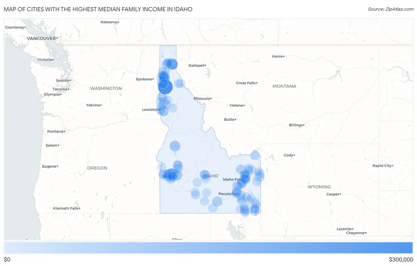 Cities with the Highest Median Family Income in Idaho Map