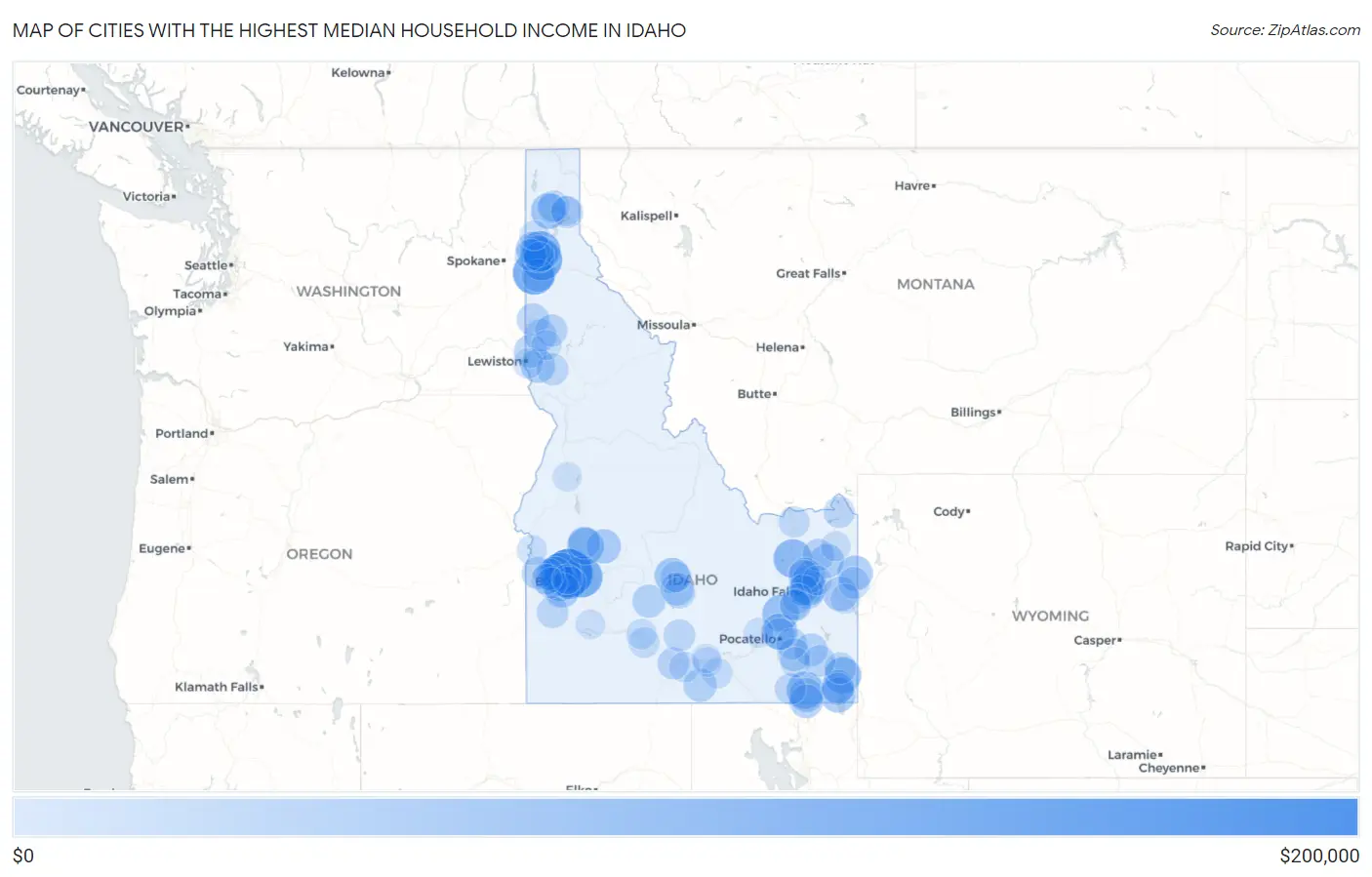 Cities with the Highest Median Household Income in Idaho Map