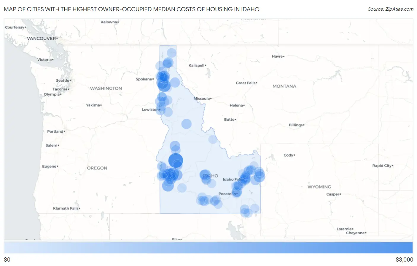 Cities with the Highest Owner-Occupied Median Costs of Housing in Idaho Map