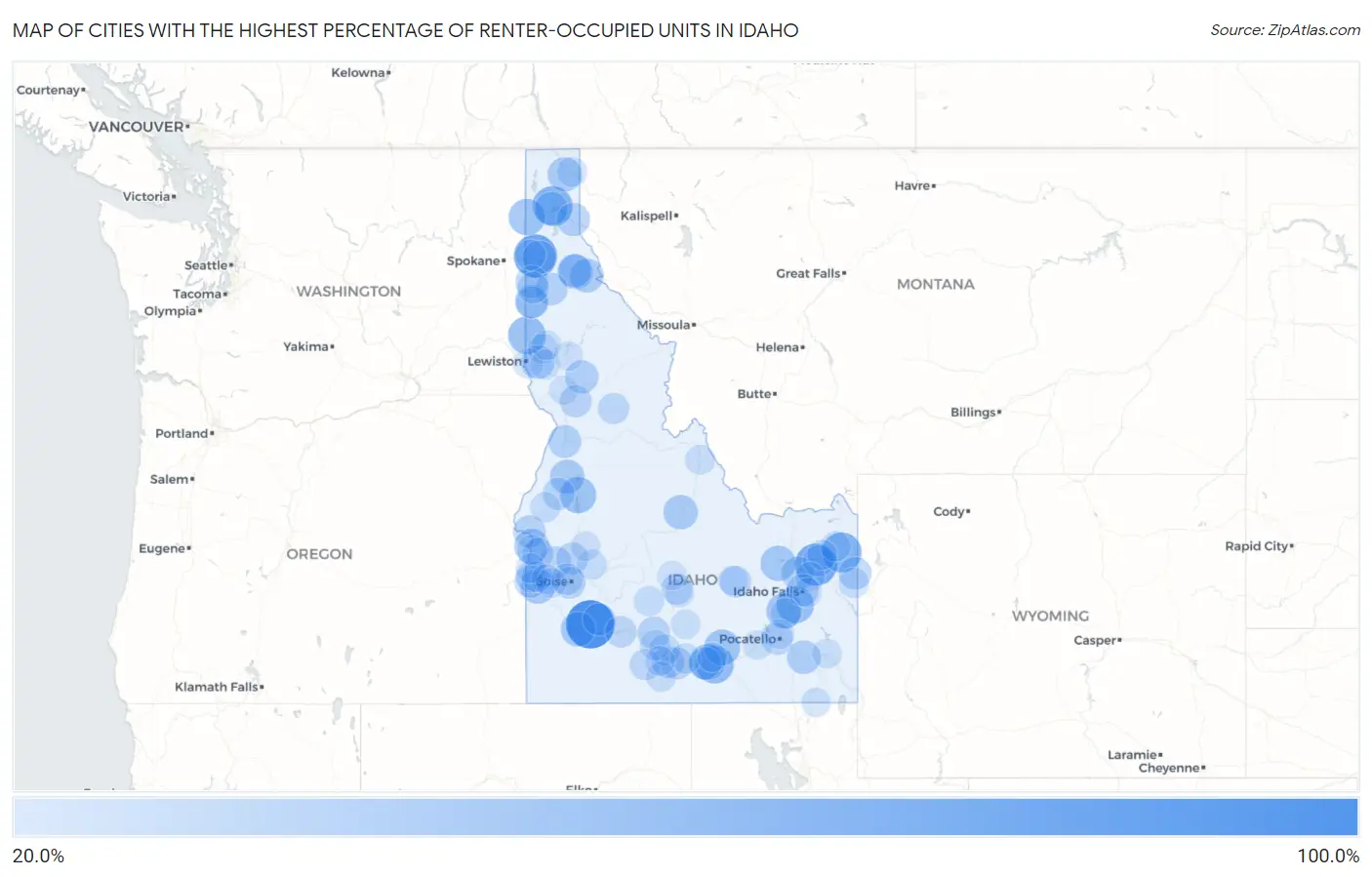 Cities with the Highest Percentage of Renter-Occupied Units in Idaho Map