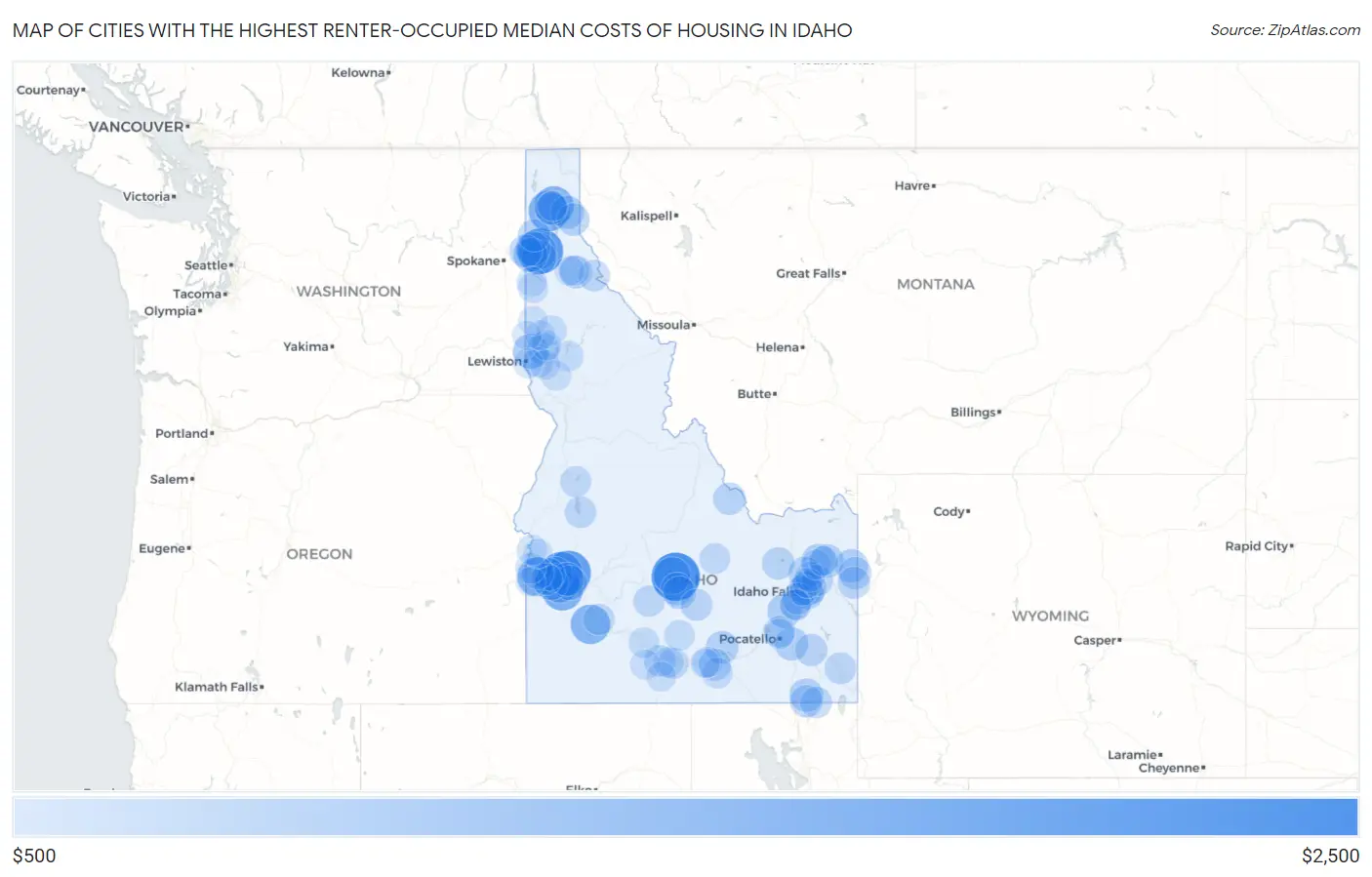 Cities with the Highest Renter-Occupied Median Costs of Housing in Idaho Map