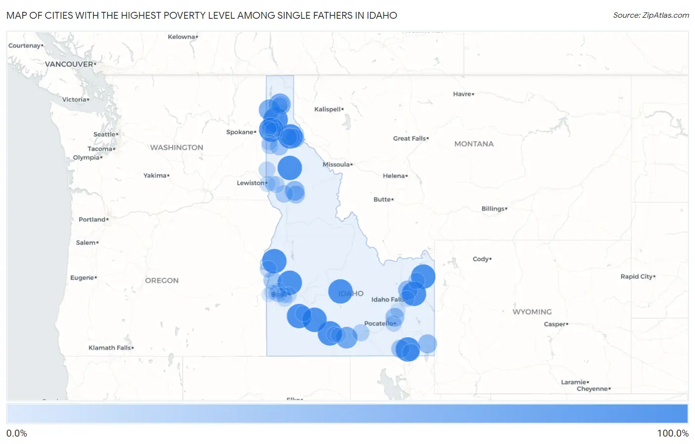 Cities with the Highest Poverty Level Among Single Fathers in Idaho Map