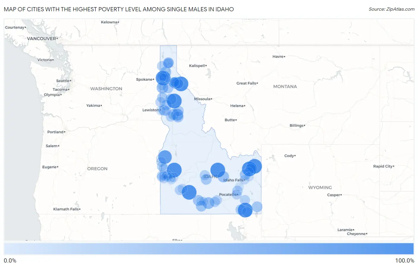 Cities with the Highest Poverty Level Among Single Males in Idaho Map