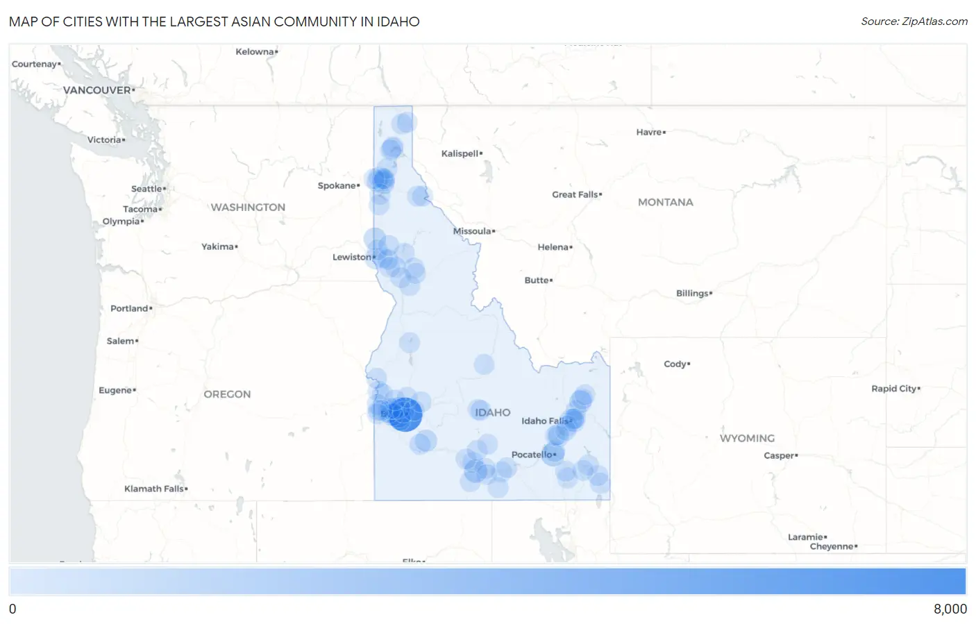 Cities with the Largest Asian Community in Idaho Map
