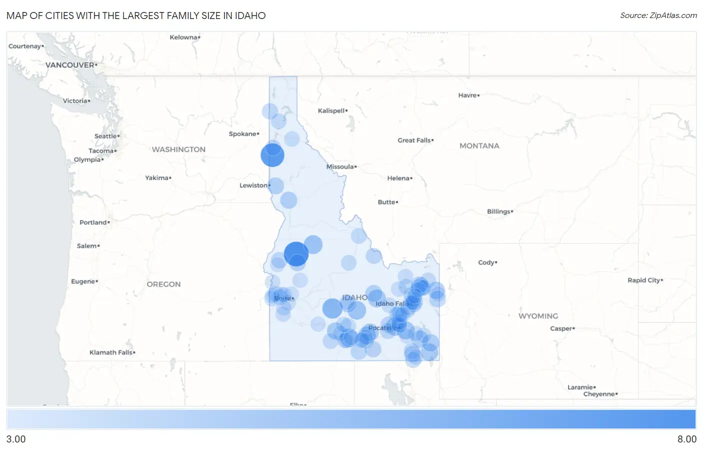 Cities with the Largest Family Size in Idaho Map