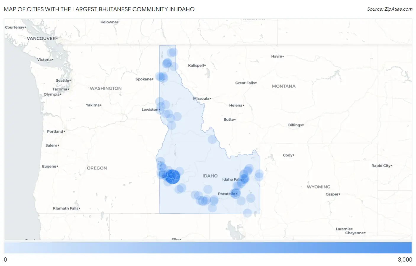 Cities with the Largest Bhutanese Community in Idaho Map