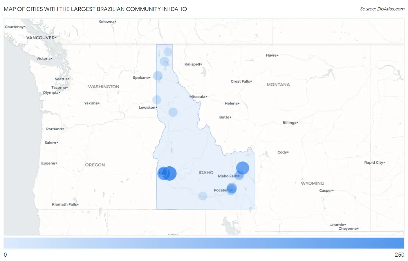 Cities with the Largest Brazilian Community in Idaho Map