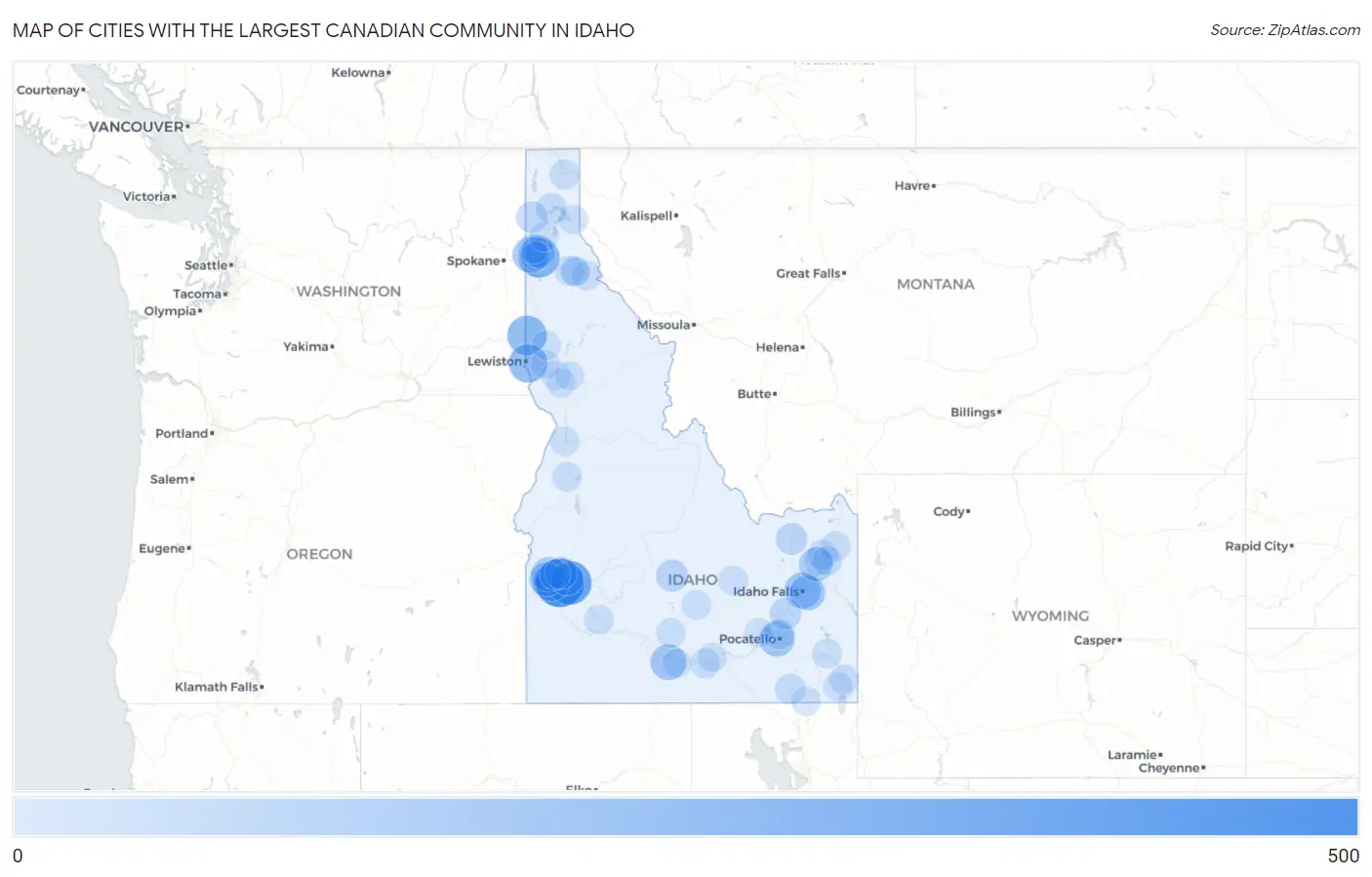 Cities with the Largest Canadian Community in Idaho Map
