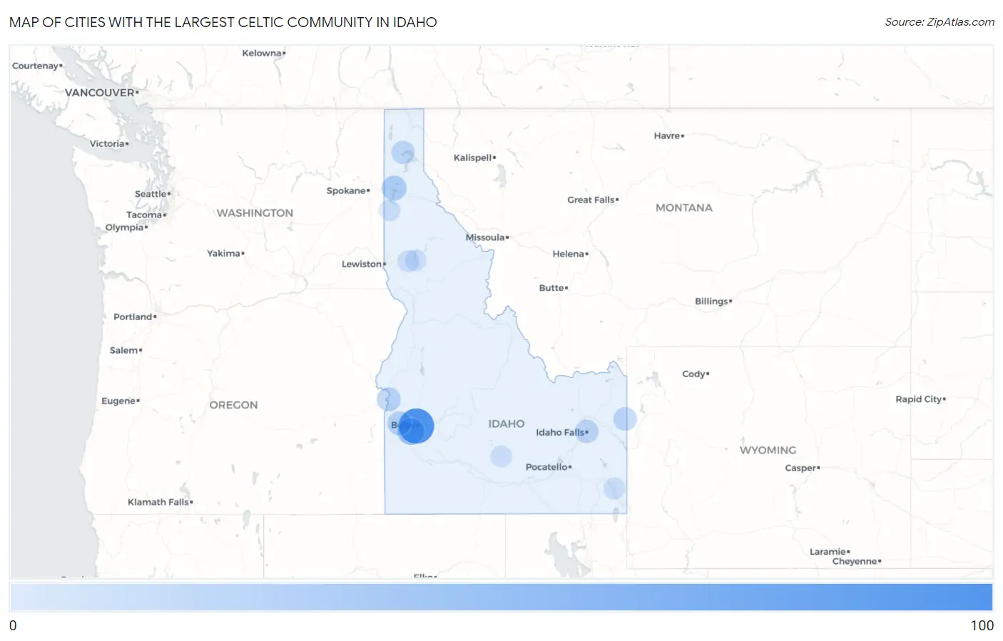 Cities with the Largest Celtic Community in Idaho Map