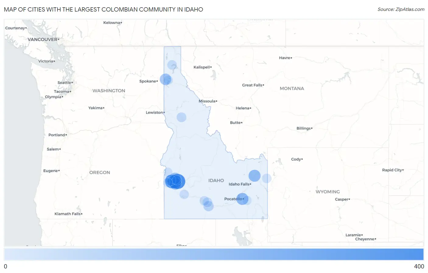 Cities with the Largest Colombian Community in Idaho Map