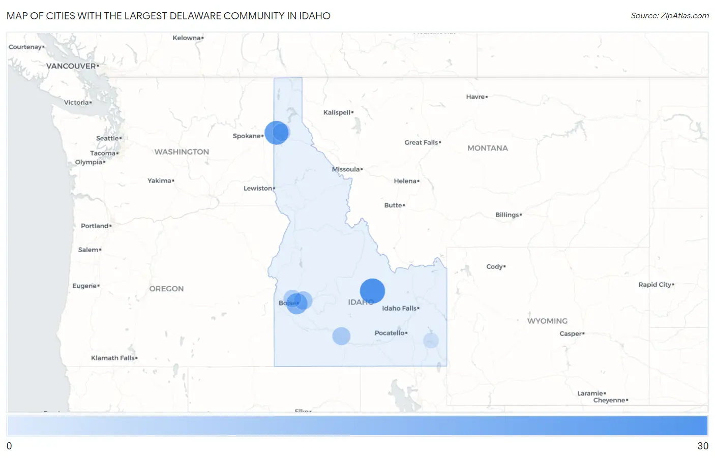Cities with the Largest Delaware Community in Idaho Map