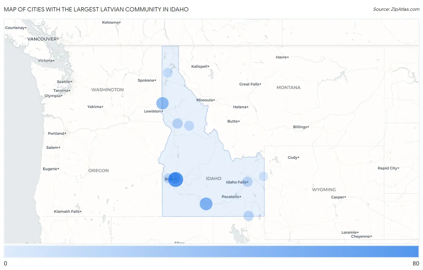 Cities with the Largest Latvian Community in Idaho Map