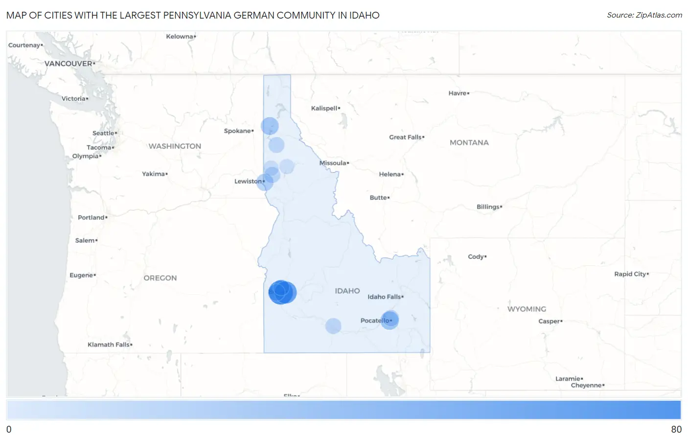 Cities with the Largest Pennsylvania German Community in Idaho Map