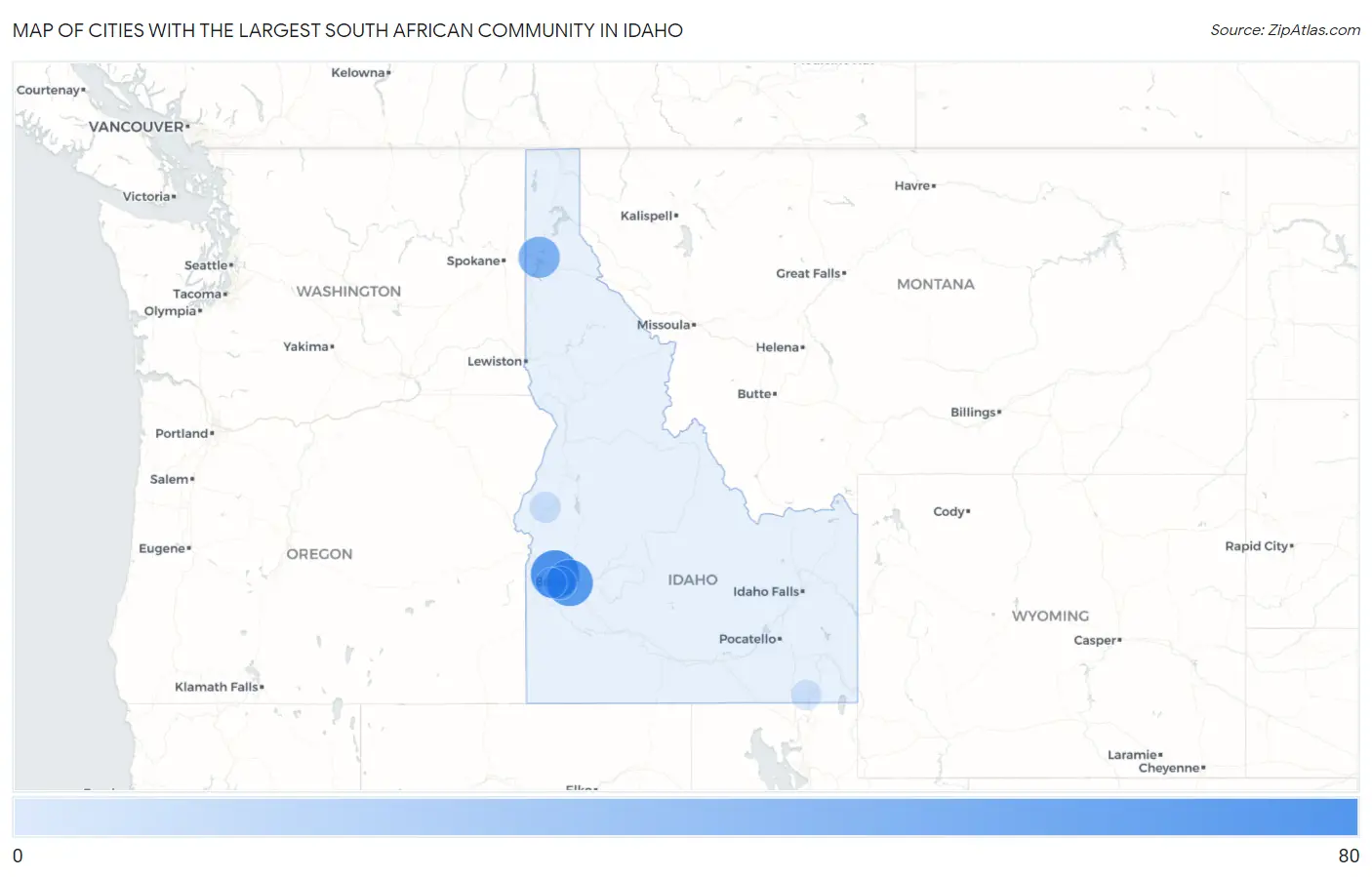 Cities with the Largest South African Community in Idaho Map