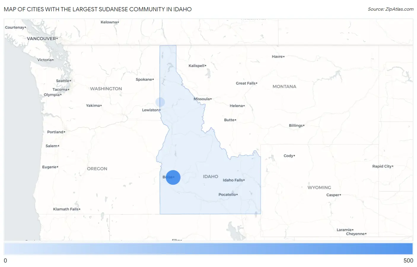 Cities with the Largest Sudanese Community in Idaho Map