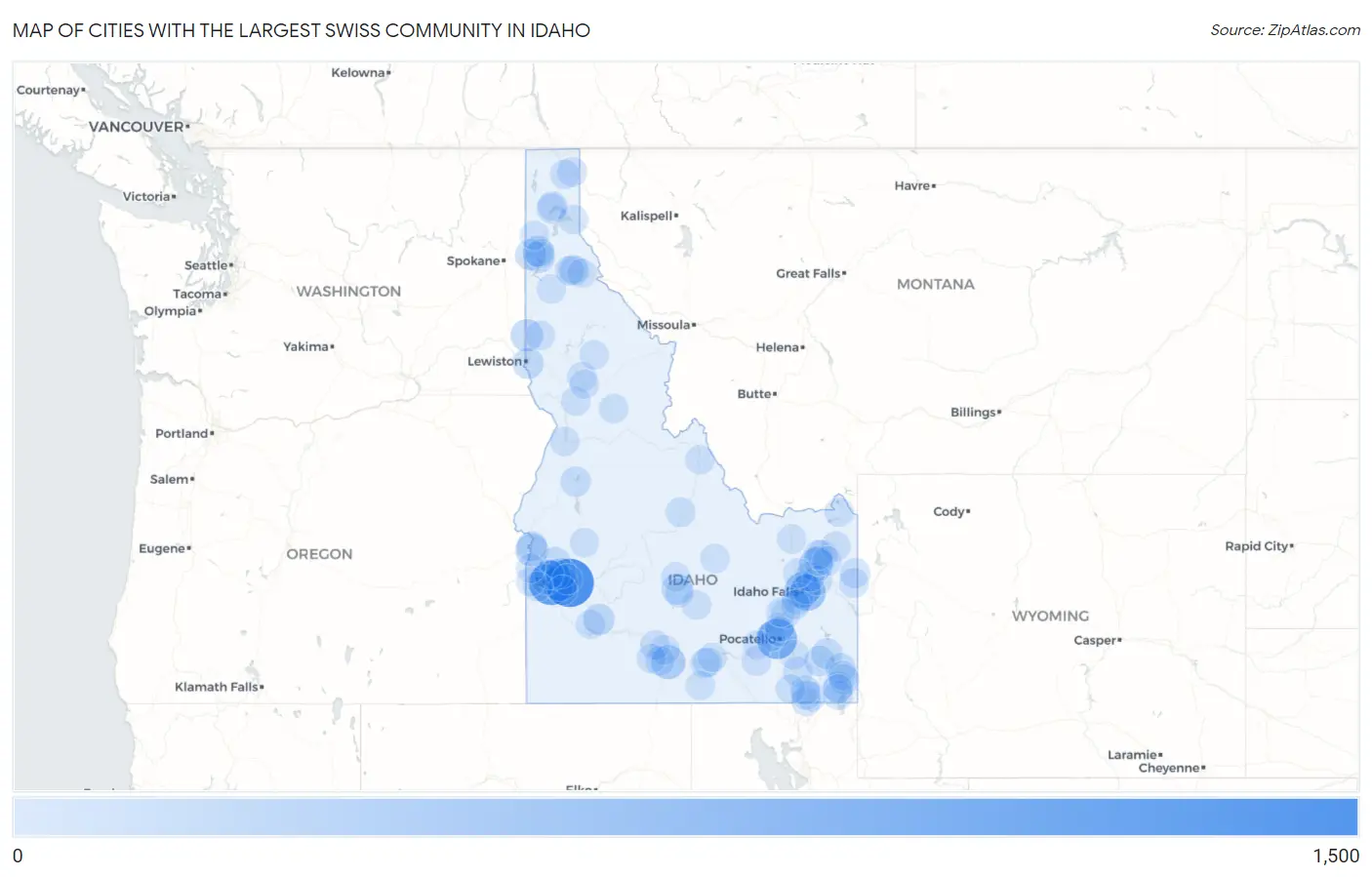 Cities with the Largest Swiss Community in Idaho Map
