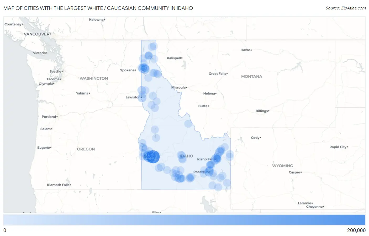 Cities with the Largest White / Caucasian Community in Idaho Map