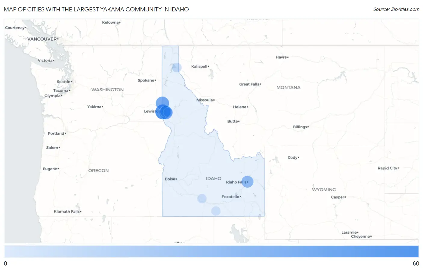 Cities with the Largest Yakama Community in Idaho Map