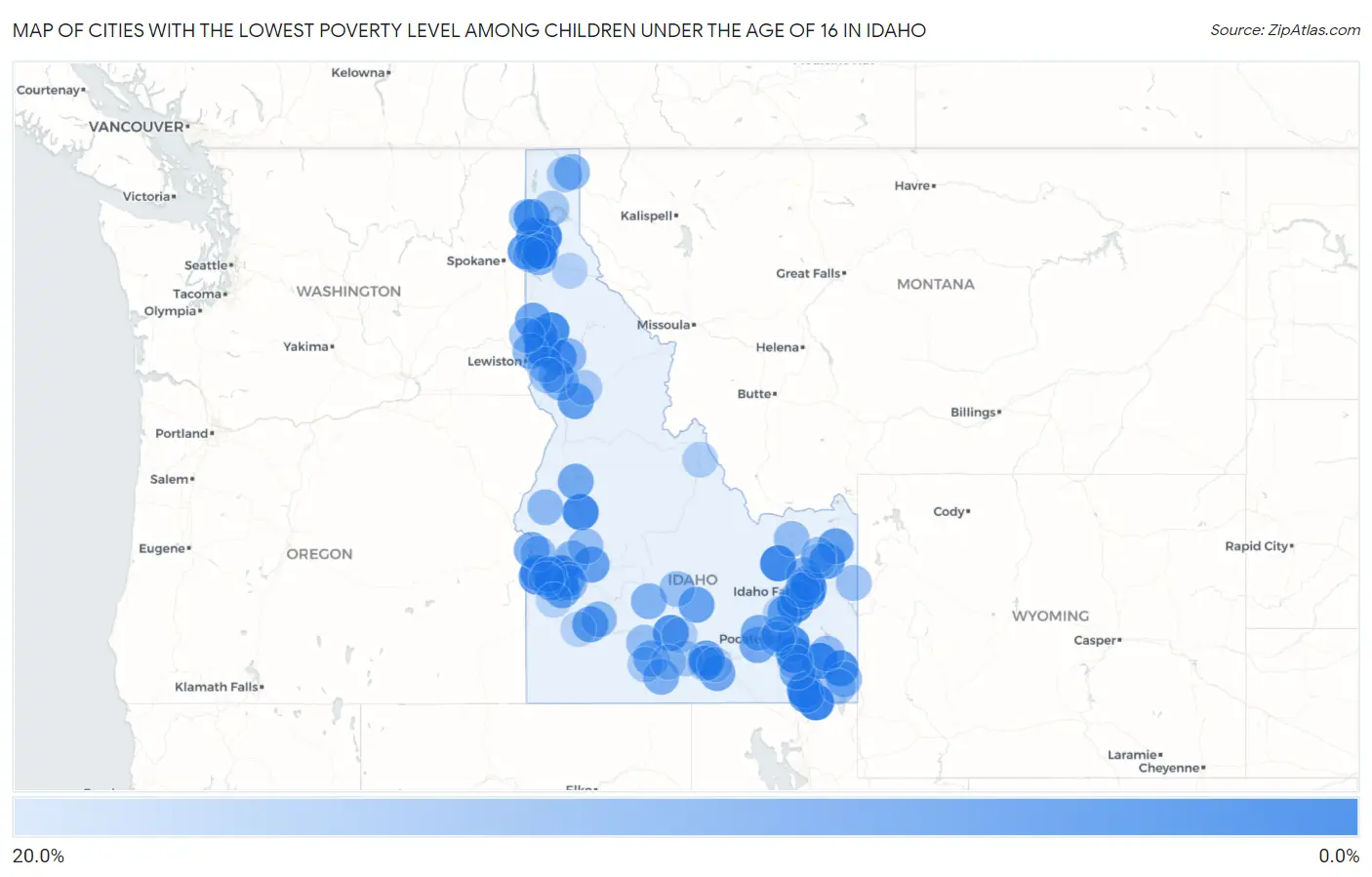 Cities with the Lowest Poverty Level Among Children Under the Age of 16 in Idaho Map