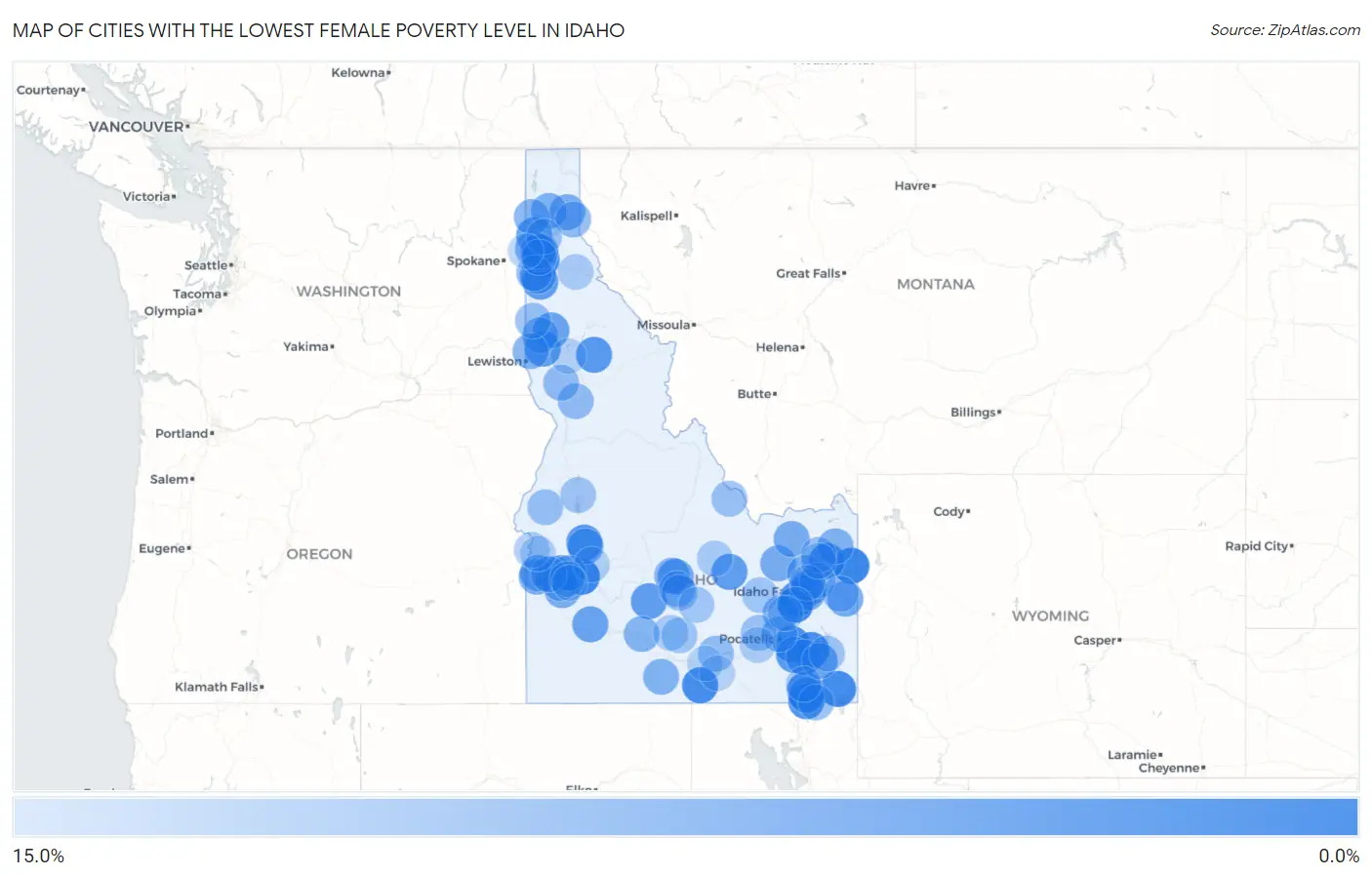 Cities with the Lowest Female Poverty Level in Idaho Map