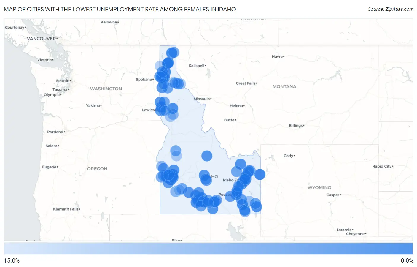 Cities with the Lowest Unemployment Rate Among Females in Idaho Map