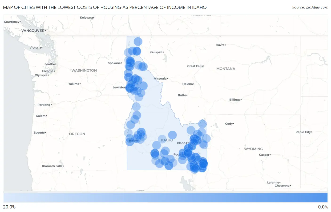 Cities with the Lowest Costs of Housing as Percentage of Income in Idaho Map
