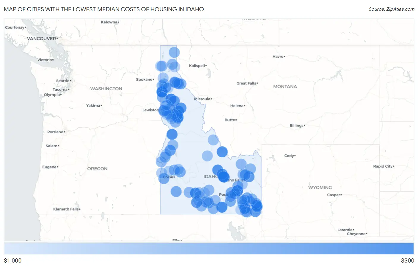 Cities with the Lowest Median Costs of Housing in Idaho Map