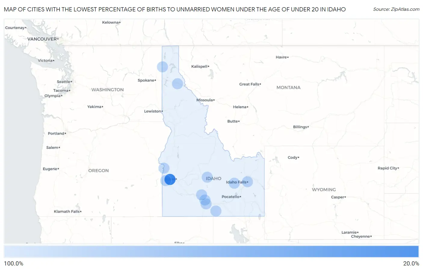 Cities with the Lowest Percentage of Births to Unmarried Women under the Age of under 20 in Idaho Map