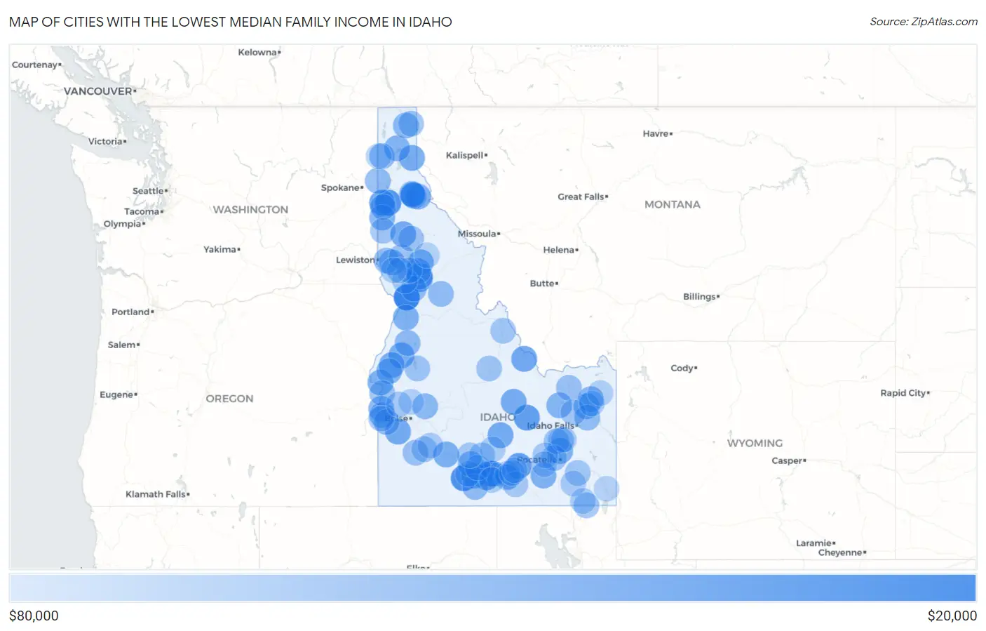 Cities with the Lowest Median Family Income in Idaho Map