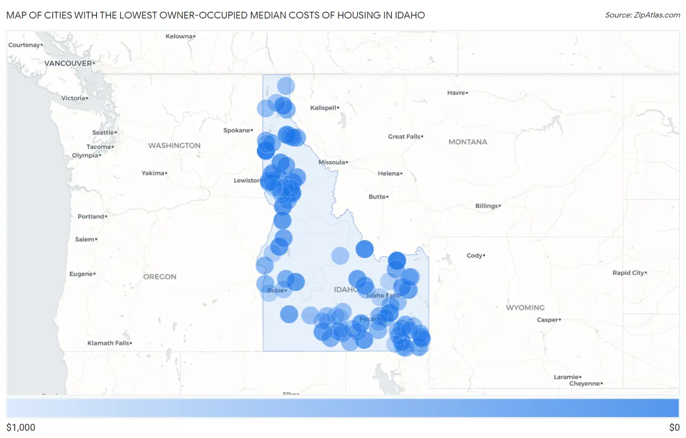 Cities with the Lowest Owner-Occupied Median Costs of Housing in Idaho Map