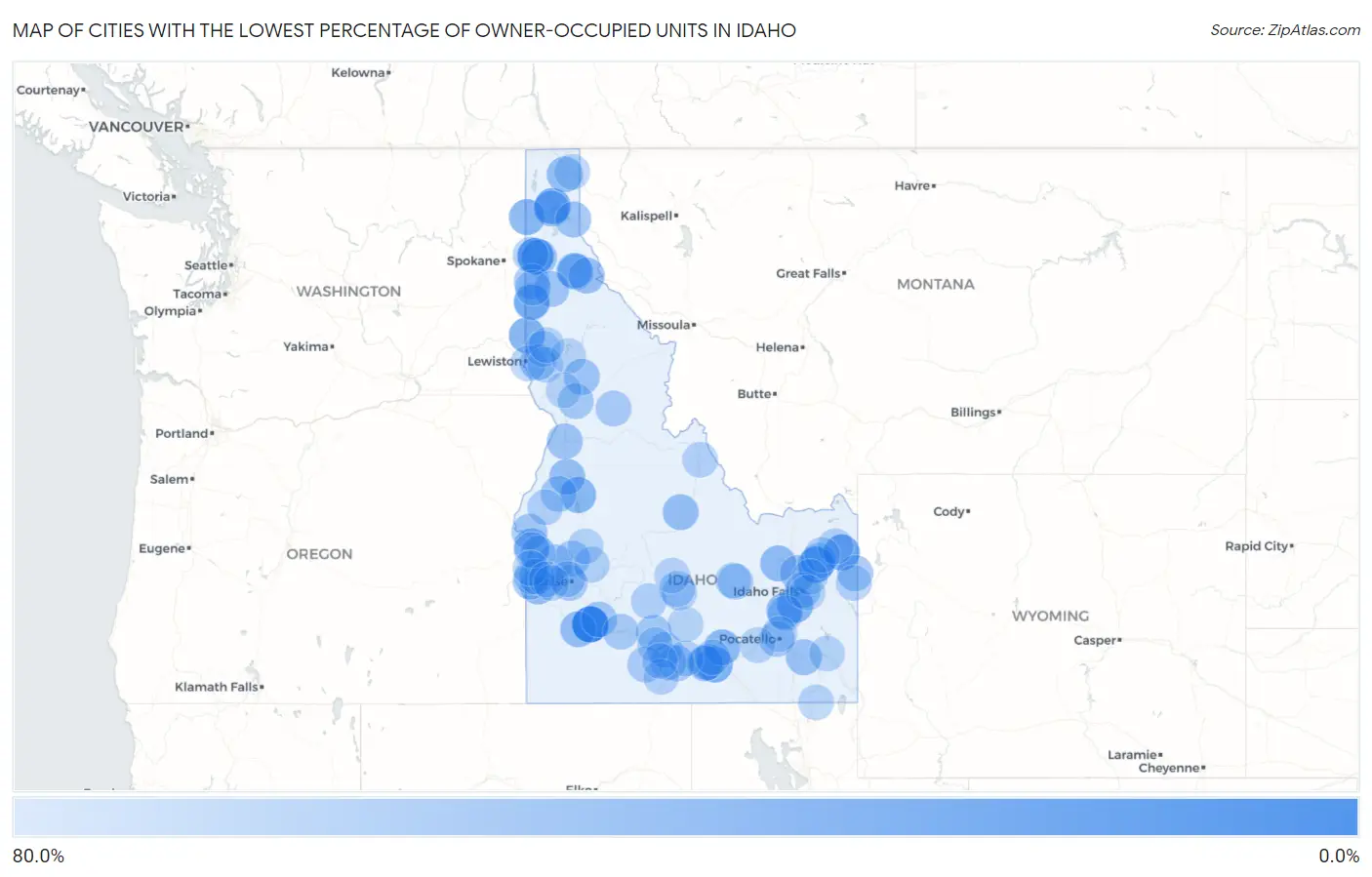 Cities with the Lowest Percentage of Owner-Occupied Units in Idaho Map