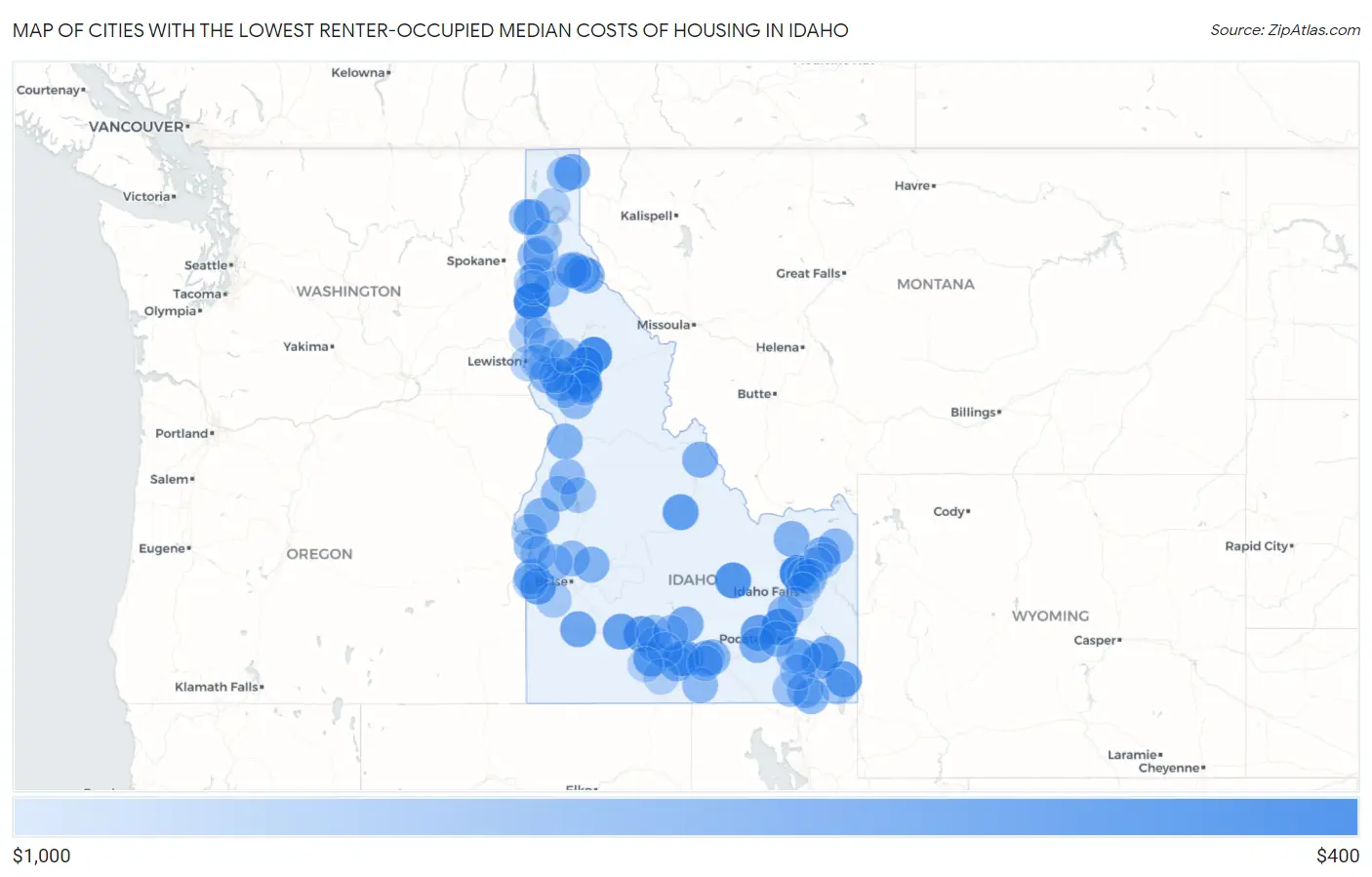 Cities with the Lowest Renter-Occupied Median Costs of Housing in Idaho Map