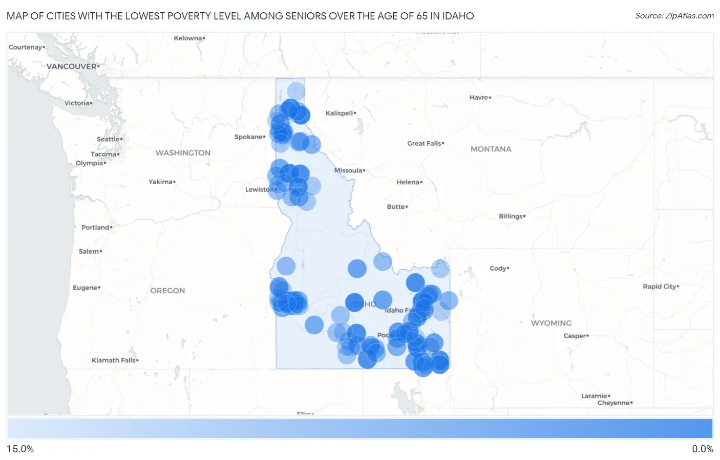 Cities with the Lowest Poverty Level Among Seniors Over the Age of 65 in Idaho Map