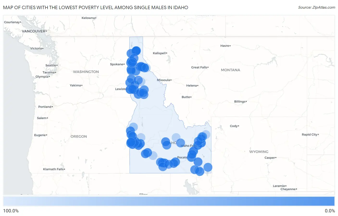 Cities with the Lowest Poverty Level Among Single Males in Idaho Map